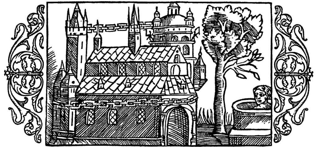 A woodcut depicting the Temple at Uppsala as described by Adam of Bremen, including the golden chain around the temple, the well and the tree, from Olaus Magnus' Historia de Gentibus Septentrionalibus (1555)
