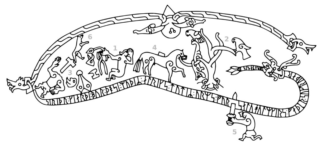 Dessin de la légende de Sigurd sur la pierre de Rasmund, 1000 après J.-C.